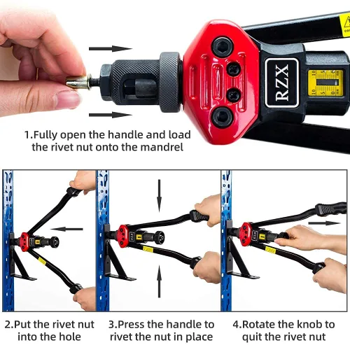 Vista 4 de RZX Kit de herramientas de tuerca de remache de 16 pulgadas que ahorra mano de obra, fijador de tuerca remachable de doble palanca con 12 mandriles