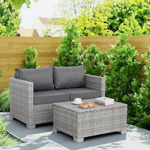 Vista 2 de WAROOM Sofá pequeño de mimbre para patio al aire libre, sofá de ratán de 2 plazas, muebles de balcón, asiento profundo, asiento de porche, cojín gris