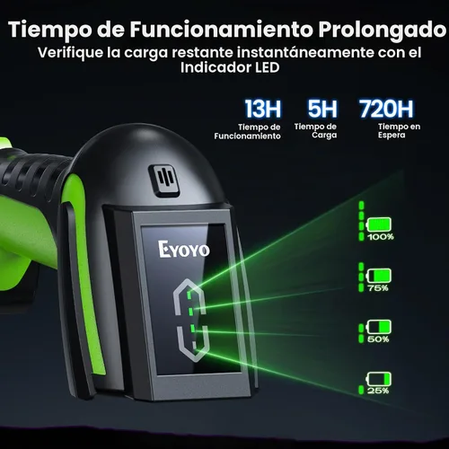 Vista 4 de Eyoyo 3 en 1 mano 2D QR escáner de código de barras inalámbrico industrial Bluetooth Verde