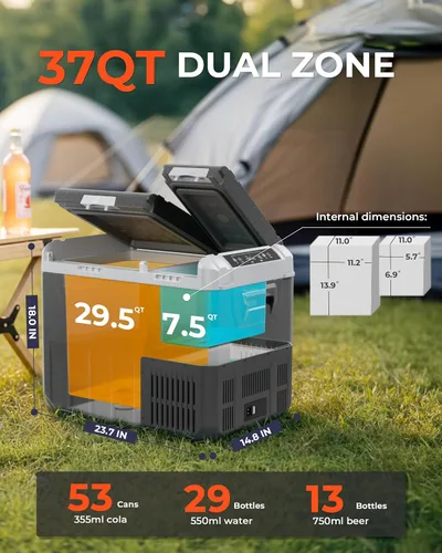 Vista 2 de Refrigerador portátil de 12 voltios para el coche, enfriador eléctrico de 37 cuartos de galón (35L), congelador portátil de doble zona con 12/24V CC
