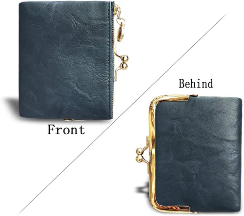 Vista 4 de PofeeXIO Billetera para Mujer RFID Pequeña Compacta Bifold de Cuero Vintage, Monedero para Damas con Cremallera y Cierre de Beso