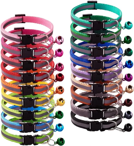 Vista 8 de 18 piezas de collares reflectantes para gatos con campana ajustable de 19-32 cm, collares de identificación ajustables y separables de nylon suave