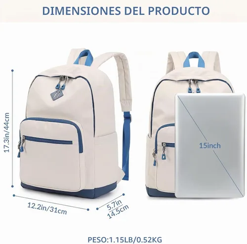 Vista 3 de Lohol Mochila clásica para niñas, niños y adolescentes, bolsa ligera para libros, escuela, viajes, universidad (beige/azul)