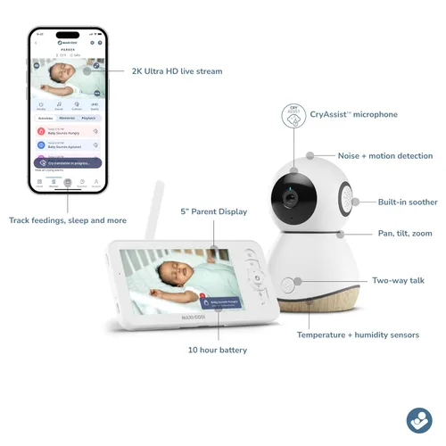 Vista 2 de Maxi-Cosi See Pro 360 Baby Monitor con traducción CryAssist™ AI Cry Translation, cámara HD 2K con PTZ, unidad principal segura sin Wi-Fi de 5