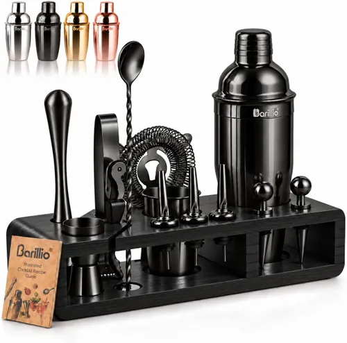 Vista 7 de Barillio Black Bartender Kit – Juego de coctelera de acero inoxidable con soporte de bambú – Herramientas de barra de mixología con coctelera