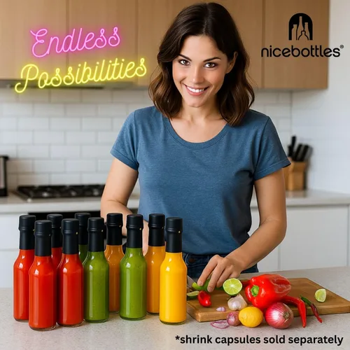 Vista 6 de nicebottles Botellas de salsa picante con tapas negras y bandas retráctiles, 5 onzas, paquete de 24