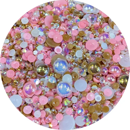 Vista 26 de Cuentas de resina con diamantes de imitación, mitad redonda, cuentas de perlas planas de 30 g, cuentas de media perla con diamantes de imitación