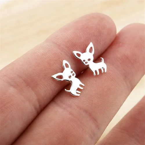 Vista 3 de ONLYJUMP Pequeños aretes de chihuahua de acero inoxidable para mujeres y niñas, bonitos aretes chapados en oro de 18 quilates, chapados en plata