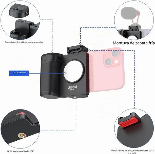 Vista 2 de UURIG PH-14 - Mango de obturador de cámara para teléfono inteligente con control remoto Bluetooth inalámbrico desmontable, luz de relleno ajustable