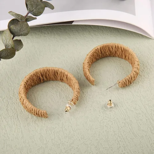 Vista 5 de Aretes de rafia para mujer, aretes bohemios de playa, hechos a mano, trenzados, geométricos, colgantes