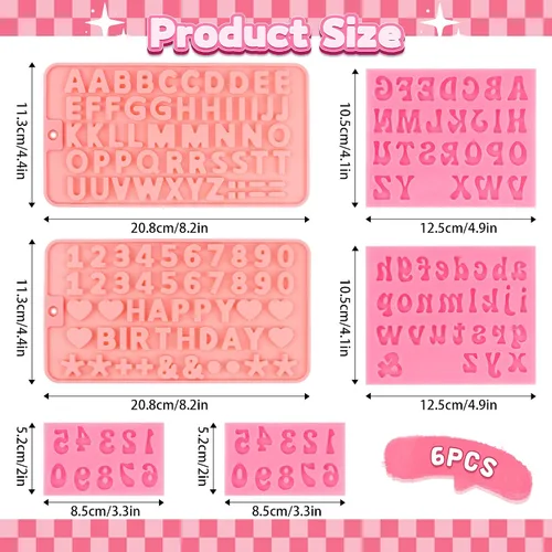 Vista 2 de 6 PIEZAS Moldes de Chocolate, Letras Números Moldes de Chocolate de Silicona Reutilizables Moldes de Dulces del Alfabeto con Feliz Cumpleaños