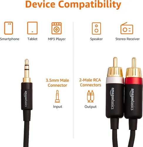 Vista 3 de Amazon Basics Adaptador de cable de audio estéreo auxiliar a 2 RCA de 0.138 in para sonido, amplificadores de conexión, altavoces, teléfono