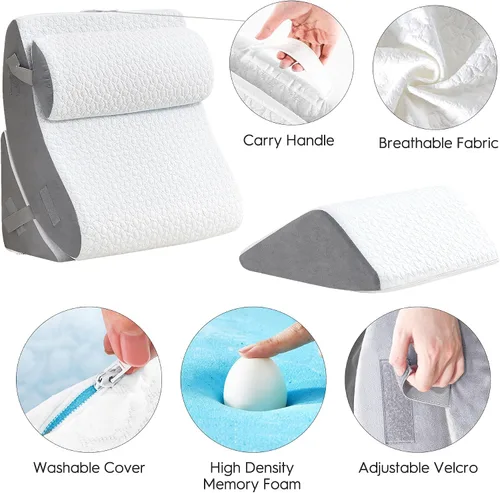 Vista 3 de BedLuxury Juego de 4 almohadas ortopédicas de cuña para cama con espuma viscoelástica para dolor de espalda, poscirugía, almohada de espuma