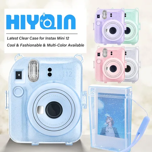 Vista 7 de Fuji Mini 12 - Funda rígida de policarbonato transparente para cámara instantánea Instax Mini 12 con calcomanías y soporte para almacenamiento