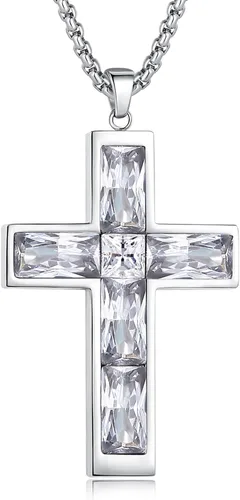 Vista 14 de Collar de cruz con piedra de nacimiento para hombre, collar de cruz de acero inoxidable 316L con colgante de cruz de circonia cúbica para mujer