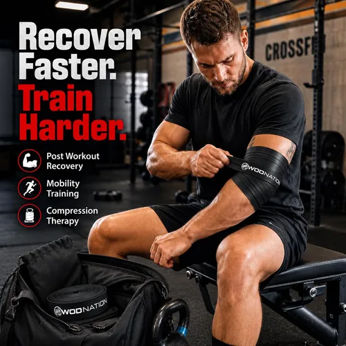 Vista 2 de WOD Nation Muscle Floss Bands Recovery Band for Tack and Flossing Sore Muscles and Increasing Mobility : Stretch Band Includes Carrying Case Negro
