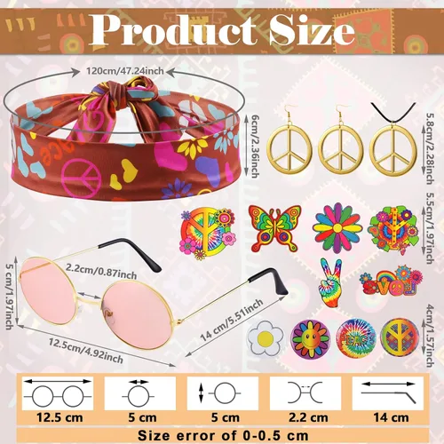 Vista 2 de Conjunto de disfraz hippie para niños de los años 60 y 70 con chaleco, signo de la paz, aretes, collares, diadema, pines hippie y tatuajes