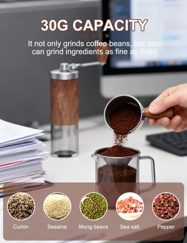 Vista 7 de Molinillo de café manual con 5 ajustes ajustables, molino cónico portátil con capacidad de 1.06 oz para expreso, prensa francesa, verter sobre