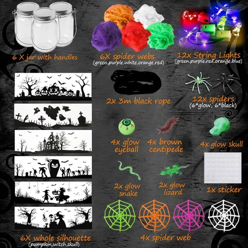 Vista 7 de OCHIDO Actividades de manualidades de Halloween para niños, paquete de 6 tarros de cristal para actividades artísticas escolares, suministros