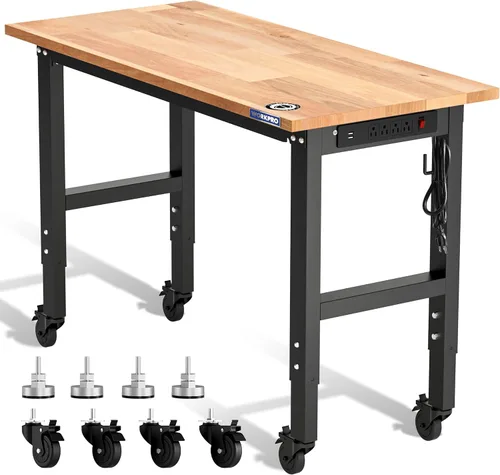 Vista 8 de WORKPRO Banco de trabajo de garaje ajustable, escritorio de trabajo resistente con parte superior de madera de goma de 48 x 22 pulgadas, con tomas