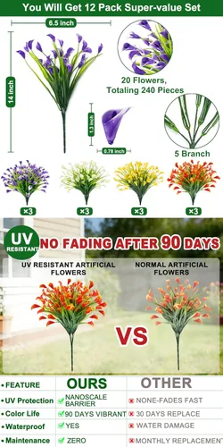 Vista 2 de TURNMEON 12 paquetes de flores artificiales de lirio de cala (240 cabezas), plantas falsas para exteriores, plantas falsas resistentes a los rayos