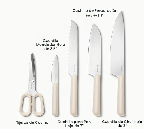 Vista 3 de Caraway Juego de cuchillos de cocina y juego de utensilios de madera Crema