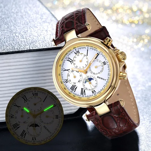 Vista 2 de BERNY Reloj automático para hombre, mecánico, cuerda automática, 3ATM, resistente al agua, multifuncional, cristal mineral, resistente a