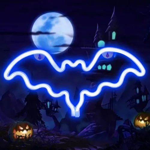 Vista 4 de Vicila Letreros de neón con forma de murciélago para Halloween, luces de neón LED, regalos espeluznantes, lámpara con forma de murciélago para Azul