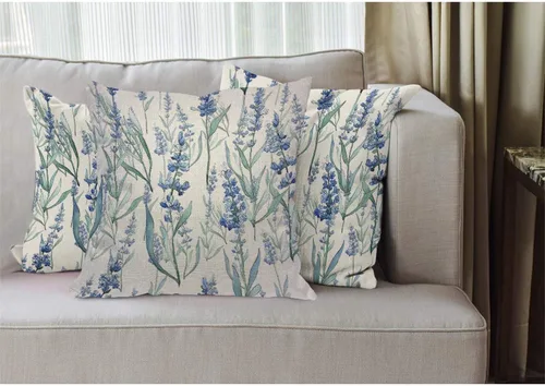 Vista 2 de EKOBLA Funda de cojín cuadrada de color lavanda, diseño floral azul, flores silvestres, flores románticas, hojas naturales, para hombres, mujeres