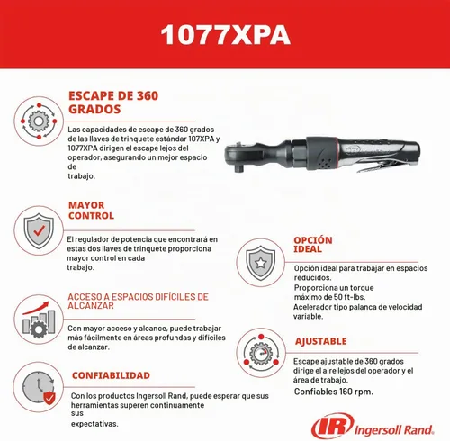 Vista 2 de Ingersoll Rand 1077XPA - Llave de carraca neumática de 1/2 pulgada, par de 54 pies-libras, 160 RPM