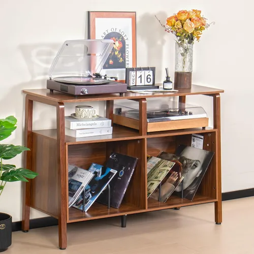 Vista 9 de Mxtxmy Soporte grande para tocadiscos, mesa giratoria de mediados de siglo con almacenamiento abierto con capacidad para hasta 450 álbumes, estante