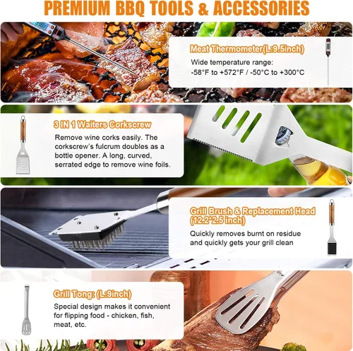 Vista 4 de Cifaisi Juego de accesorios para parrilla de barbacoa, 38 piezas de herramientas de parrilla de acero inoxidable con funda de aluminio, termómetro