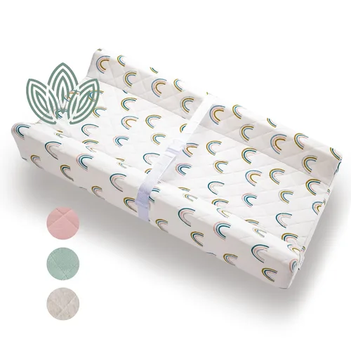 Vista 7 de Cambiador de bebé contorneado de algodón orgánico con colchón de espuma impermeable, incluye funda suave, extraíble y lavable, correa de seguridad