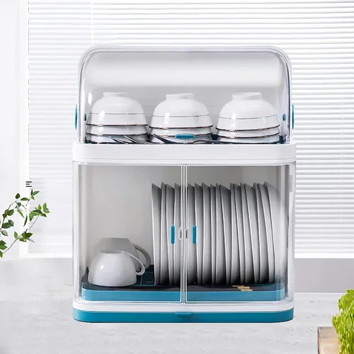 Vista 2 de Escurridor de platos de 2 niveles con cubierta de tapa, cubierta transparente contra el polvo para platos de cocina, vasos, bandeja para secar