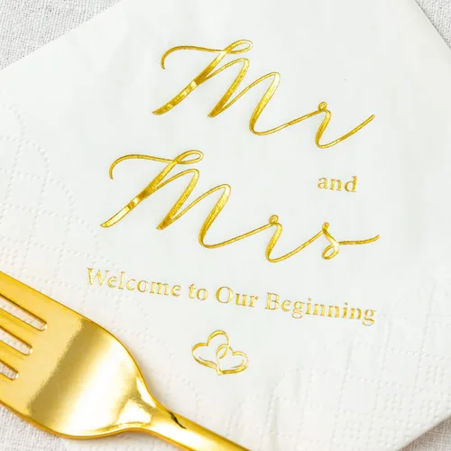 Vista 5 de Crisky Servilletas de 3 capas de papel de aluminio dorado Mr and Mrs de cóctel de boda, 100 unidades para bodas, fiestas, recepciones, postres