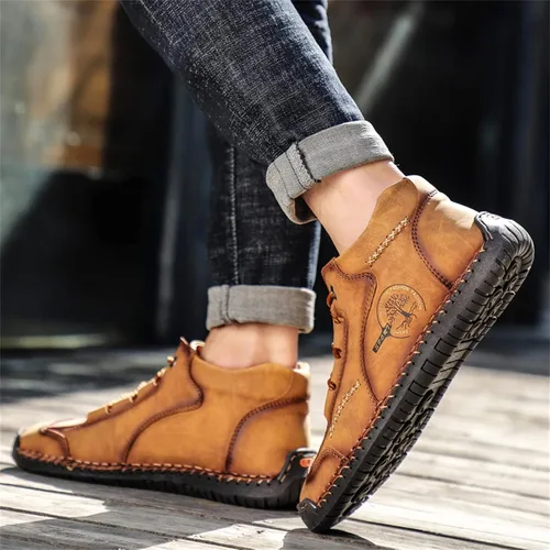 Vista 6 de Dacomfy Zapatos casuales para hombre, mocasines sin cordones, botas de tobillo con costuras a mano, botas chukka con cordones, zapatos de cuero