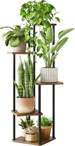 Vista 15 de GENTINGBRO Soporte alto para plantas de interior de 4 niveles para múltiples plantas, soporte de madera para plantas, estante de madera, estantería