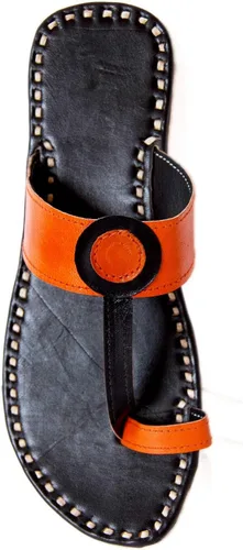 Vista 4 de Zenith_Pantuflas de cuero hechas a mano para mujer, sandalias de cuero hechas a mano (negronaranja)