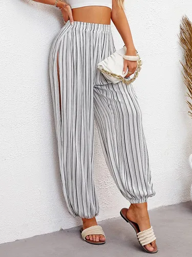 Vista 3 de Yanekop Pantalones hippie harén para mujer ropa de yoga bohemia cintura fruncida pantalones de playa palazzo