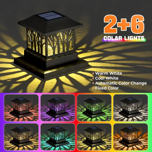 Vista 2 de Paquete de 2 luces solares para postes de puerta, tapa de alimentación solar para valla al aire libre con bombilla de vidrio agrietado y 4 modos