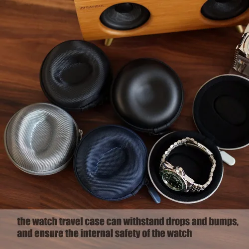 Vista 5 de Caja de viaje para relojes Besforu para hombres y mujeres, caja de almacenamiento portátil y organizador para un solo reloj, para relojes de pulsera