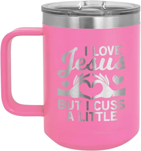 Vista 11 de Taza de café con tapa abatible, diseño con texto "I love Jesus but I CUSS A LITTLE 15 oz con tapa superior taza de café de viaje aislado Ideas