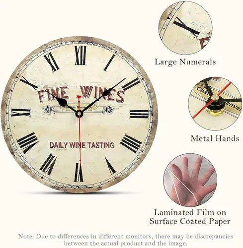 Vista 3 de Reloj de pared silencioso redondo sin tictac reloj de pared de cuarzo rústico rústico vintage de 14 pulgadas, funciona con pilas, fácil de leer