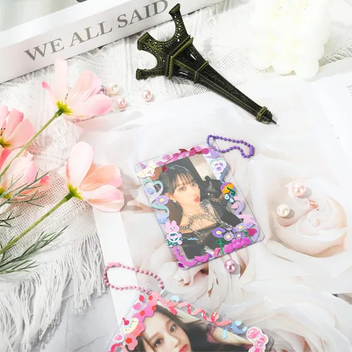 Vista 6 de Whaline 145 piezas soporte para tarjetas fotográficas Kpop con calcomanías, fundas transparentes para tarjetas, kit de protector de tarjetas