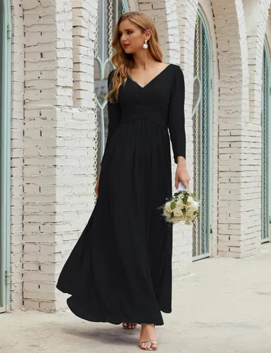 Vista 3 de nightbubo Vestido de dama de honor para mujer manga larga cuello en V vestido formal de gasa para boda