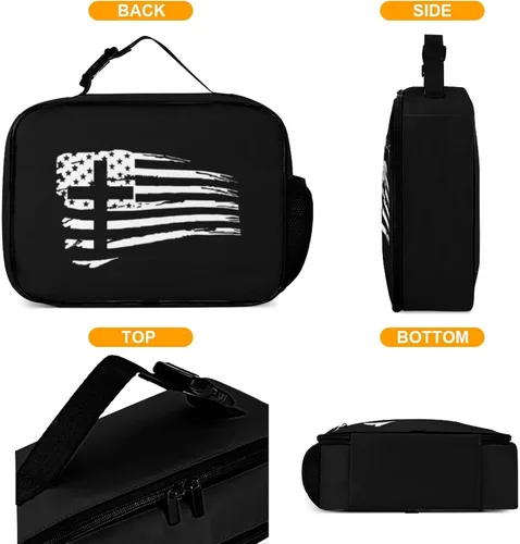 Vista 4 de Lonchera reutilizable con diseño de cruz de la bandera estadounidense, bolsa de almuerzo aislada, lonchera para comida y alimentos, bolsa de mano