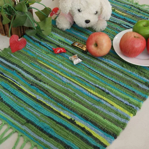 Vista 8 de Alfombra de baño de 20.0 x 30.9 in, hecha a mano, reversible, de algodón, diseño de rayas, multicolor