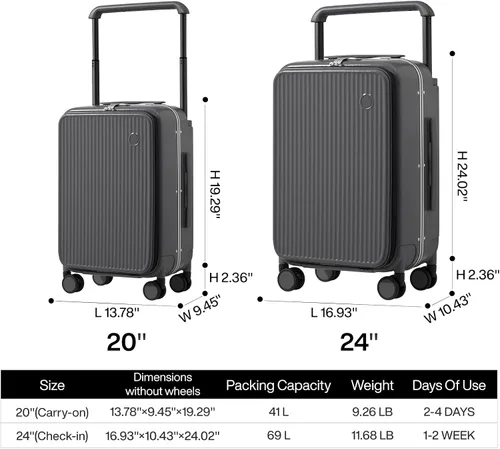 Vista 6 de Mixi Maleta de equipaje con bolsillo frontal para laptop, maletas de viaje con mango ancho, carcasa rígida de policarbonato con marco de aluminio