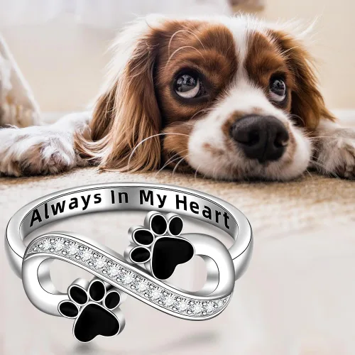 Vista 3 de Anillo de plata de ley con estampado de pata de gato y perro para mujer, anillos con estampado de pata de infinito Always In My Heart Memorial