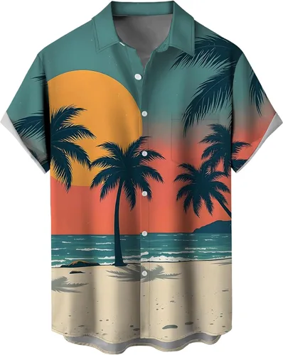 Vista 73 de Camisas tropicales con botones para hombre, camisas hawaianas de manga corta, casuales para vacaciones, camisas de playa holgadas Beige-playa escena